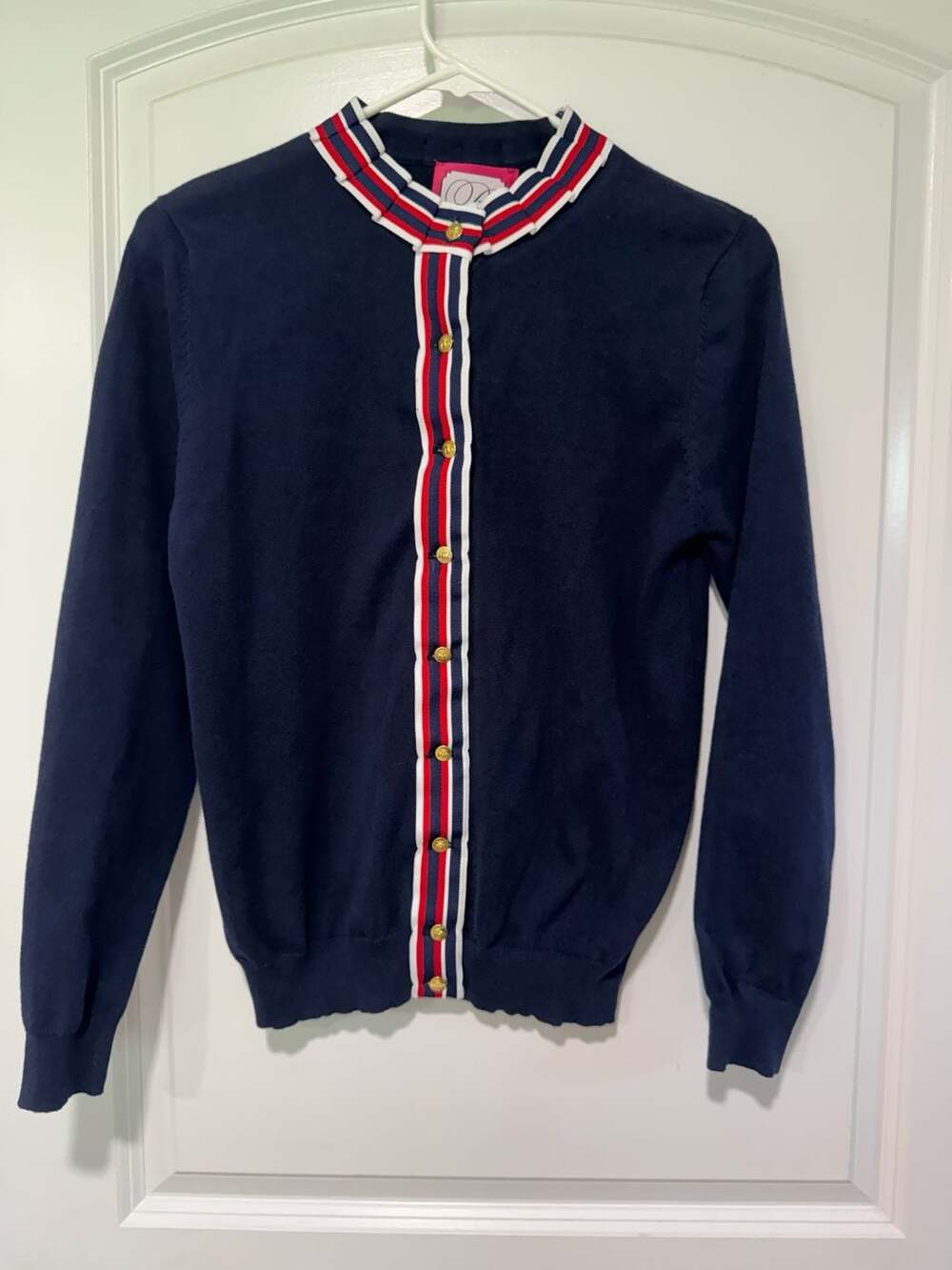 Navy Gold Bee Button Cardigan Red White Trim Old Money Preppy Women’s S